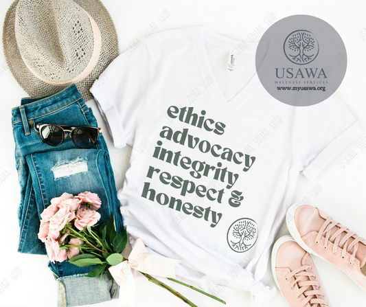 Ethics, Advocacy, Integrity, Respect, Honesty Tee